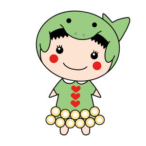 緑色のジュゴンのかぶりもの、真珠がついた緑色のスカートをはいた女の子のキャラクターのイラスト