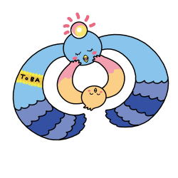 柴山真奈美さんが描いた、頭に真珠がついている青い親鳥と親鳥の羽の内側で嬉しそうな表情をしているオレンジとピンクの小鳥のイラスト