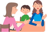 相談員と親子が椅子に座り、微笑みながら話をしているイラスト