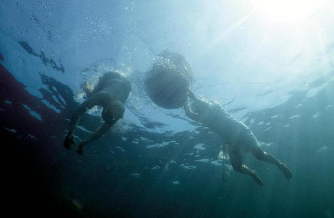 海女が2人海の中にもぐって1人は置けのようなものを掴んでいる様子の写真