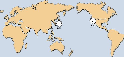 鳥羽市の位置とサンタバーバラ市の位置にそれぞれの時間を示した時計の絵が描いてある世界地図の画像