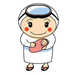 井本航太さんが描いた、ピンクのおくるみに包まれた赤ちゃんを抱っこしている白い服を着て海女さんのゴーグルをつけた女性のイラスト