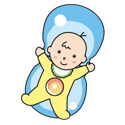 清水恵さんが描いた、水色の背景に黄色い服を着てお腹に真珠をつけた赤ちゃんが大の字で寝転がっているイラスト