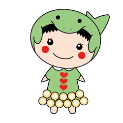 辻明日美さんが描いた、緑色のジュゴンのかぶりものを被り、真珠がついた緑色のスカートをはいた女の子のキャラクターのイラスト