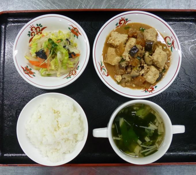 配膳された大根入りマーボー豆腐、白菜サラダ、わかめスープ、白ごはんの写真