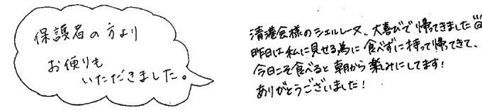 かもめ幼稚園保護者おたよりと吹き出しに書かれた手書きの文字に並んで保護者の方の手書きのおたよりを並べた画像