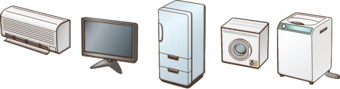 画像：家電4品目のイラスト（左からエアコン、テレビ、冷蔵庫、ドラム式洗濯機、置き型洗濯機）
