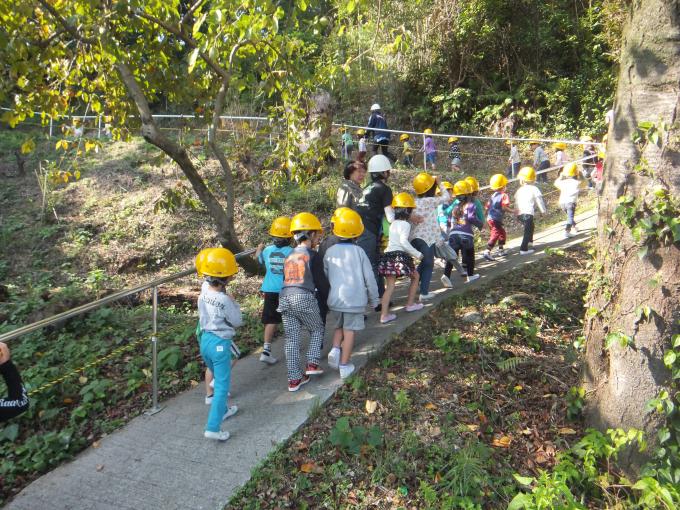 画像：黄色や白いヘルメットを被った人々が木々に囲まれた中にある避難路の坂を登っている様子を後ろから写した写真