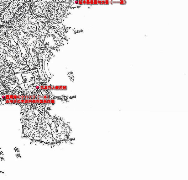 白黒の鳥羽市長岡地域の地図に赤点で指定文化財の場所、赤字で指定文化財の名前が書いてある地図