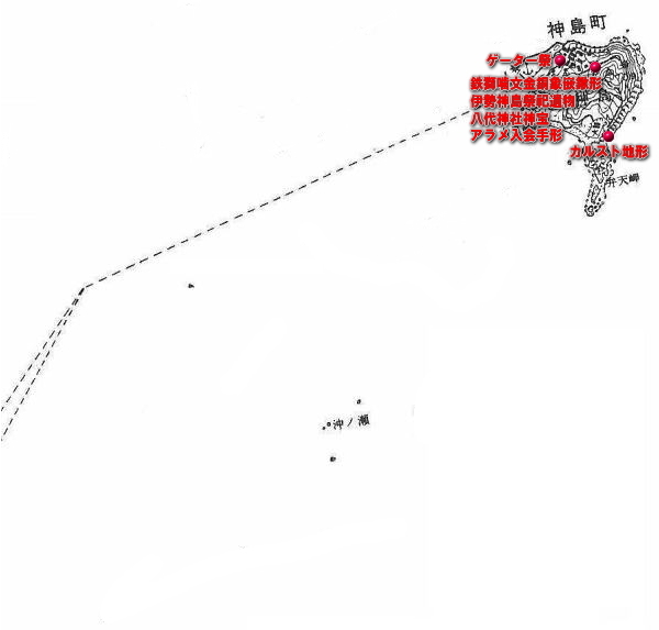 白黒の鳥羽市神島地域の地図に赤点で指定文化財の場所、赤字で指定文化財の名前が書いてある地図