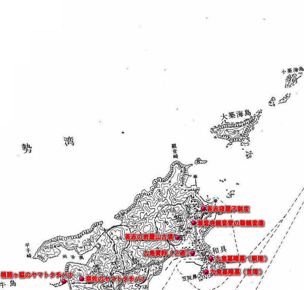 白黒の鳥羽市桃取・答志地域の地図に赤点で指定文化財の場所、赤字で指定文化財の名前が書いてある地図