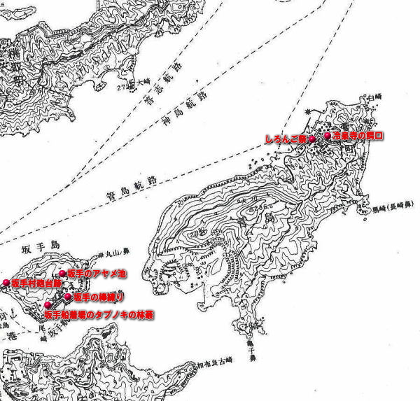 白黒の鳥羽市坂手・菅島地域の地図に赤点で指定文化財の場所、赤字で指定文化財の名前が書いてある地図