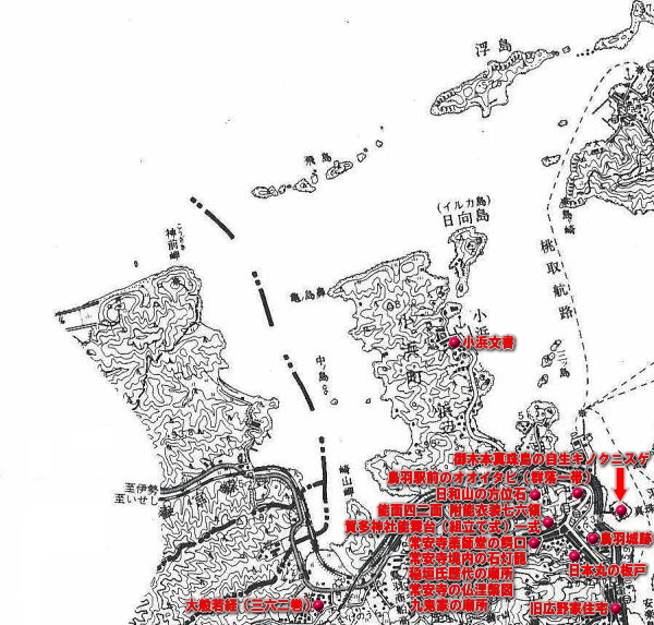 白黒の鳥羽市小浜・鳥羽地域の地図に赤点で指定文化財の場所、赤字で指定文化財の名前が書いてある地図