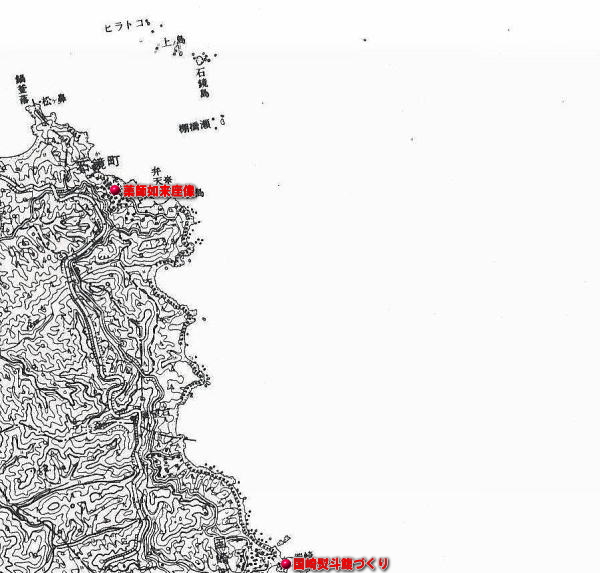 白黒の鳥羽市鏡浦・長岡地域の地図に赤点で指定文化財の場所、赤字で指定文化財の名前が書いてある地図