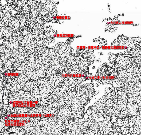 白黒の鳥羽市加茂・安楽島・鏡浦地域の地図に赤点で指定文化財の場所、赤字で指定文化財の名前が書いてある地図