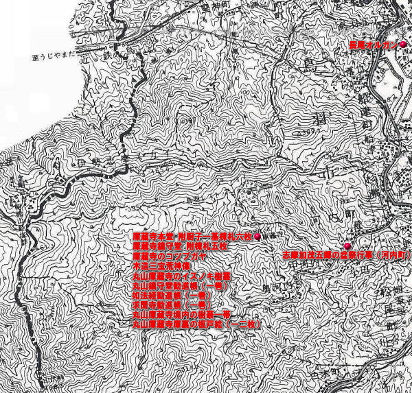 白黒の鳥羽市の地図に赤点で指定文化財の場所、赤字で指定文化財の名前が書いてある地図