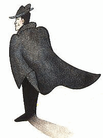 黒の帽子を被り黒のコートをなびかせている探偵のような男性のイラスト画像
