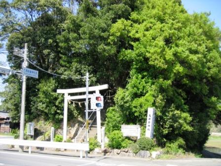 歩行者信号の後ろに鳥居とそれに続く階段があり、緑の木々が生い茂っている田城城跡の写真画像
