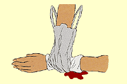 ビニール袋を利用し傷口にガーゼを当て、手で圧迫するイメージ画像