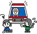 救急車と応急手当てをしている人とされている人のイラスト画像